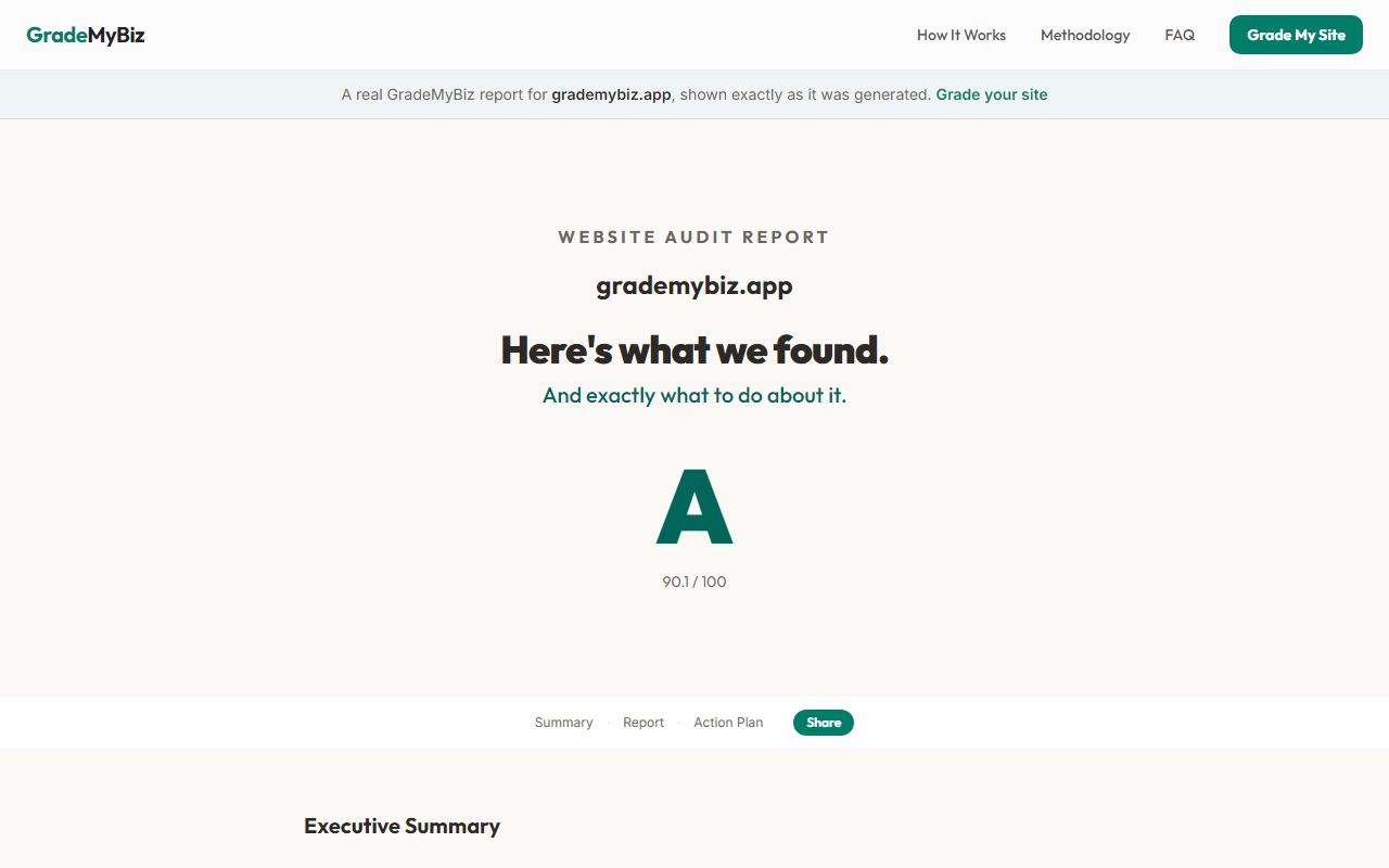A GradeMyBiz full report showing detailed findings and recommended fixes